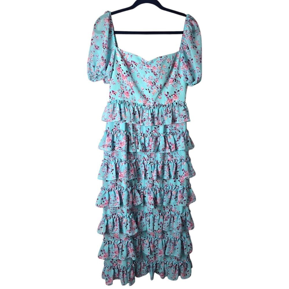 Wayf Floral Ruffle Midi Dress - Blue and Pink